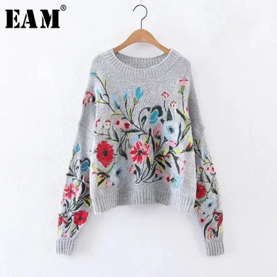 [EAM] Round Neck Long Sleeve Flower Embroidered Knitting Sweater