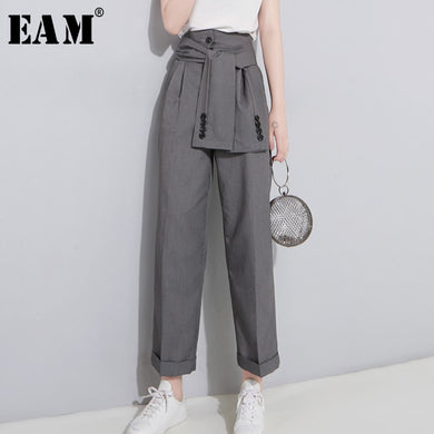 [EAM] High Waist Lace Up Wide Leg Pants