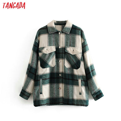 TANGADA Women Green Plaid Long Coat