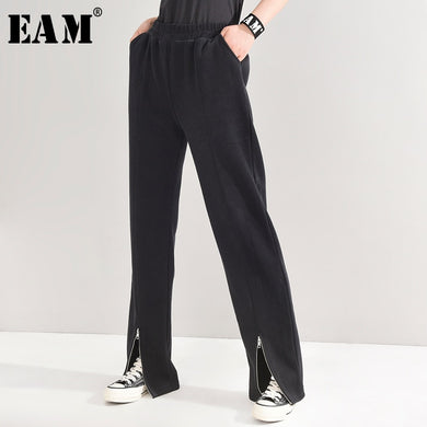 [EAM] High Elastic Waist Zipper Long Leg Trousers