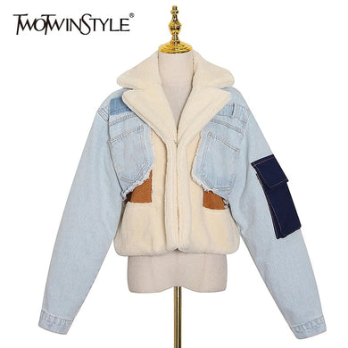 TWOTWINSTYLE Women Patchwork Wool Denim Jacket