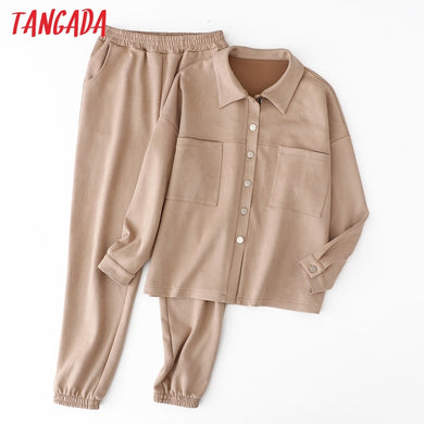 TANGADA Women Suede Oversized 2 Piece Jacket Pants Set